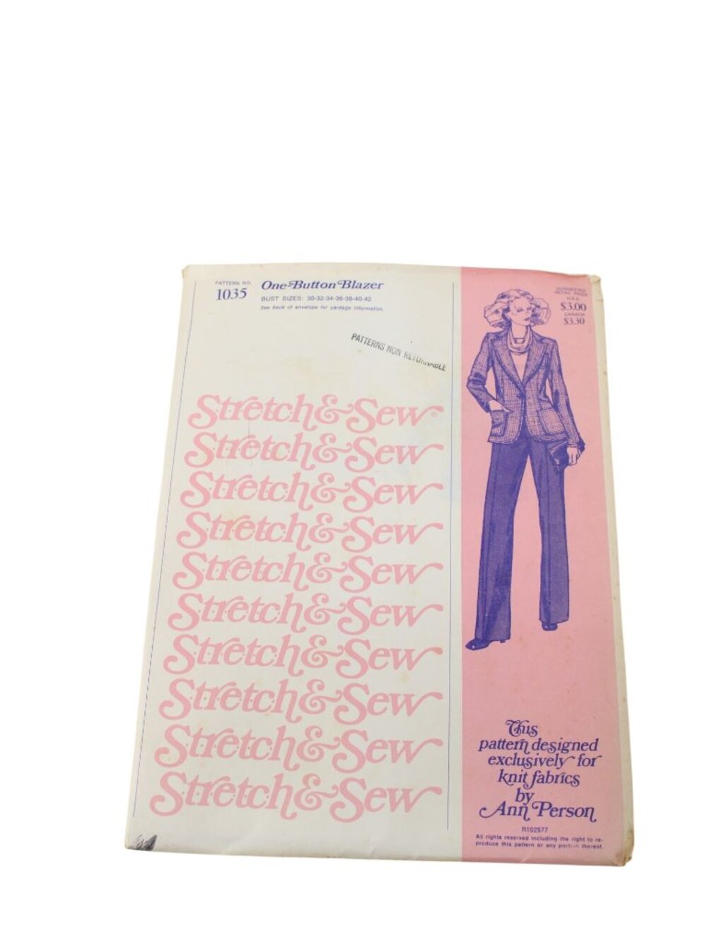 UNCUT Stretch & Sew Pattern 1035 Womens One Button Blazer Vintage 1977 94387